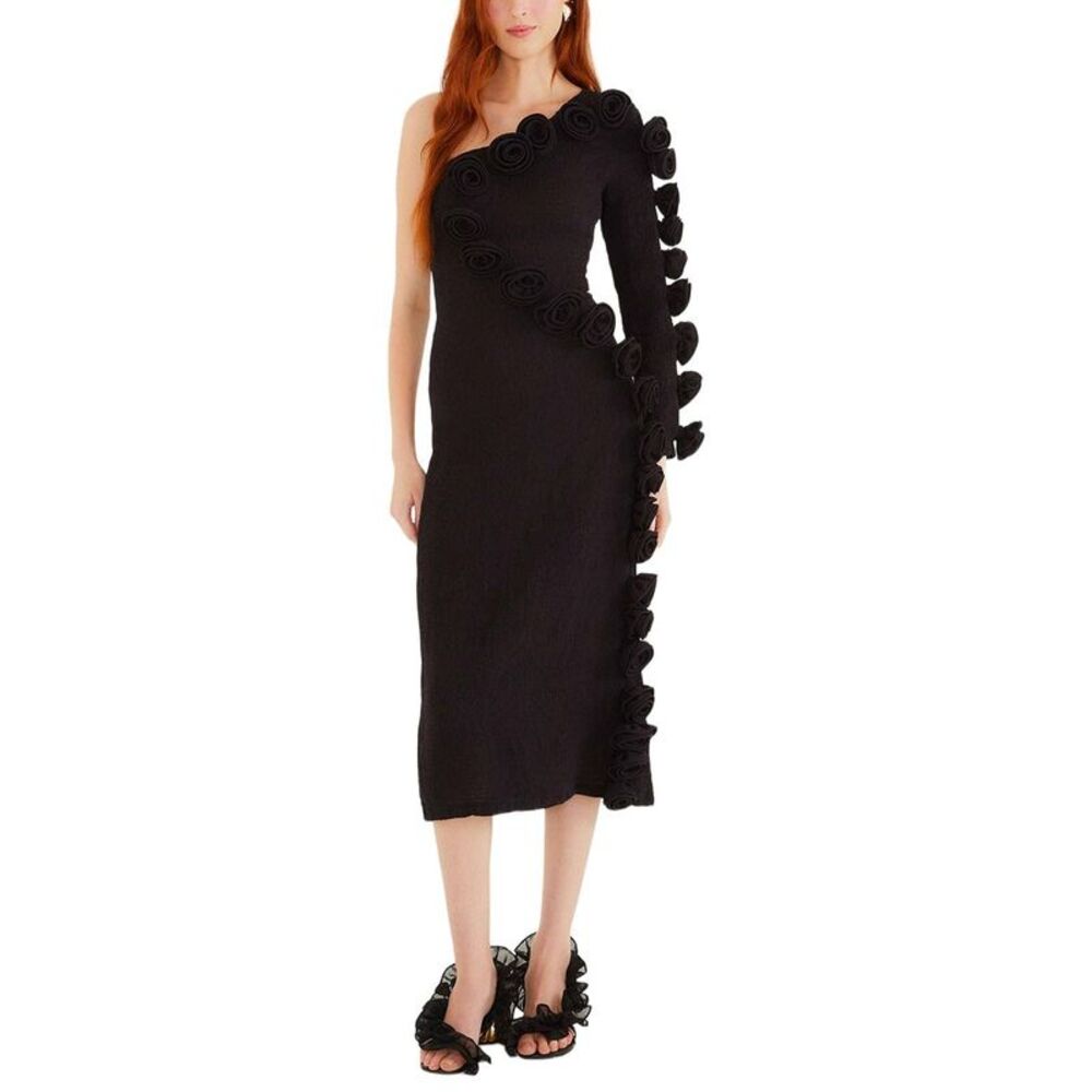 Farm Rio Womens  Black One Shoulder Midi Dress